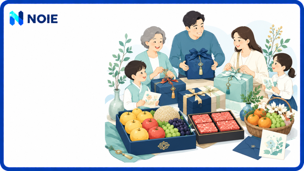 가족이 함께 명절 선물을 준비하는 장면