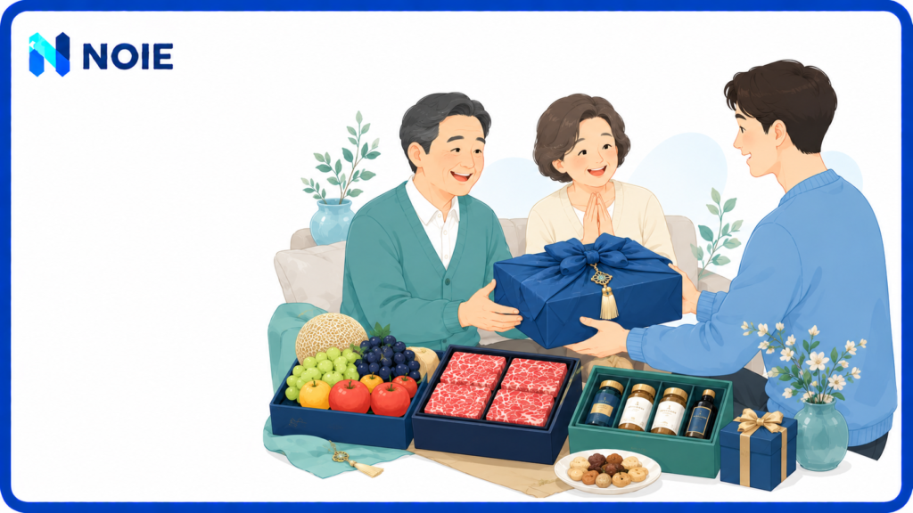 부모님께 명절 선물을 전달하는 따뜻한 가족 모습