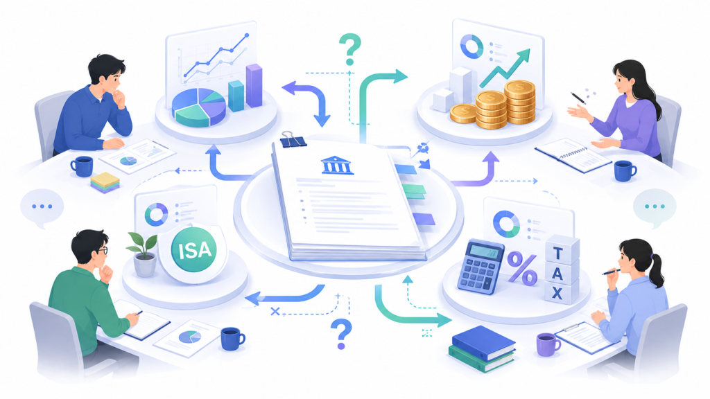 ISA 개편안이 재검토되고 있는 정책 상황을 표현한 일러스트
