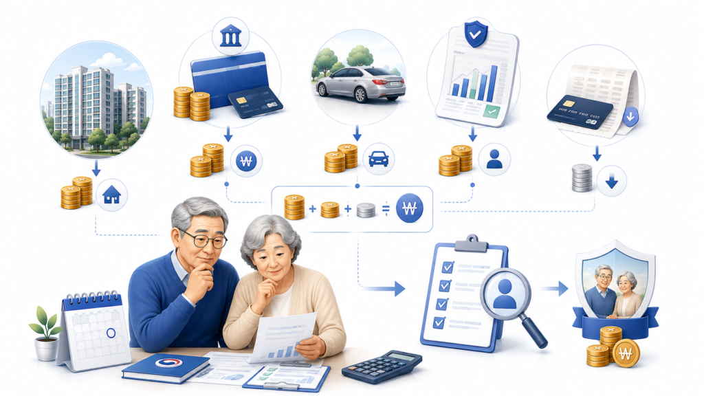 기초연금 소득인정액과 재산을 계산하는 과정의 금융 일러스트