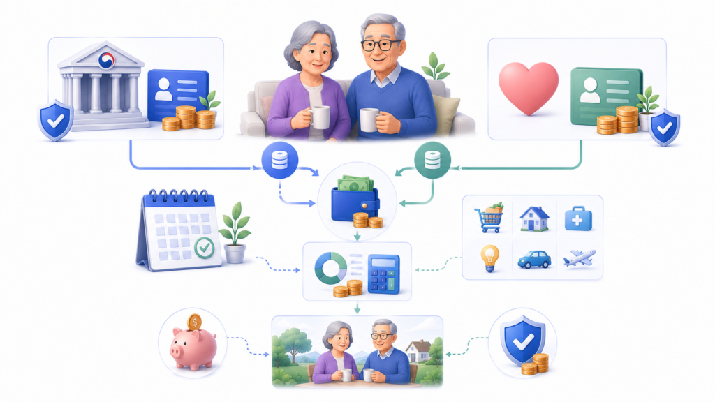 국민연금과 기초연금을 함께 받는 노후생활비 계획 일러스트