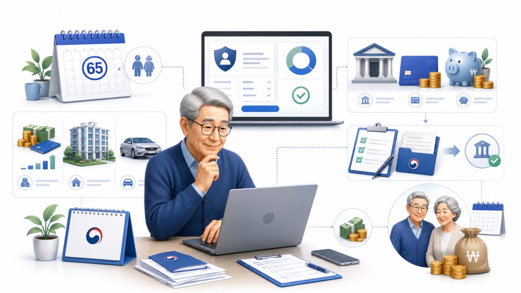 기초연금 수급자격을 확인하고 신청하는 65세 이상 노인 금융 일러스트
