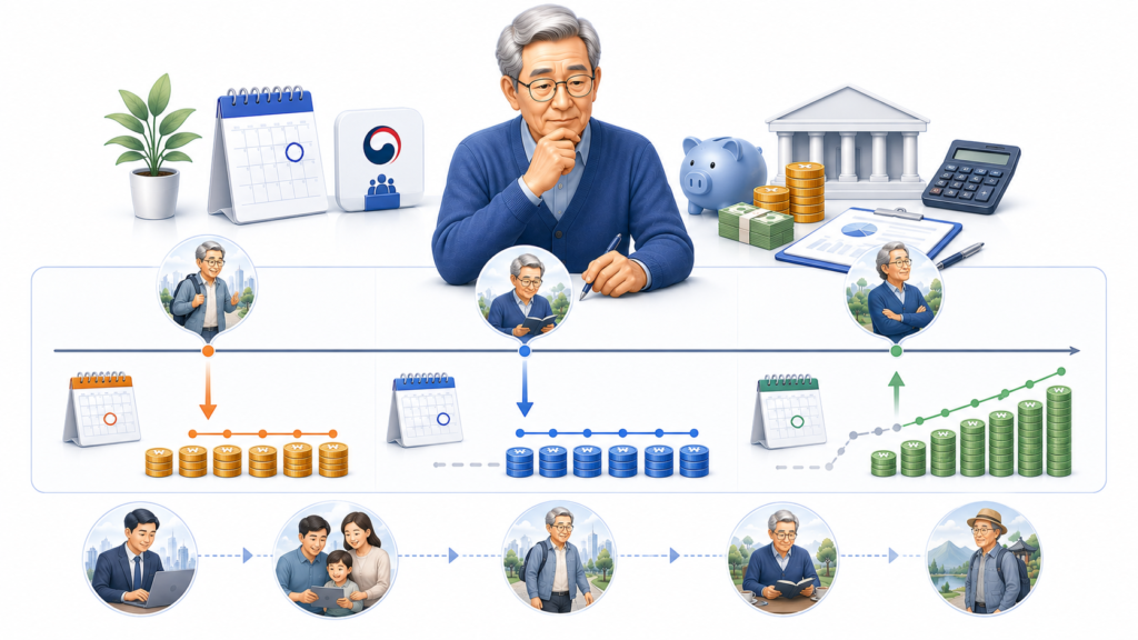 국민연금 조기수령 정상수령 연기연금을 비교하는 노후연금 계획 일러스트