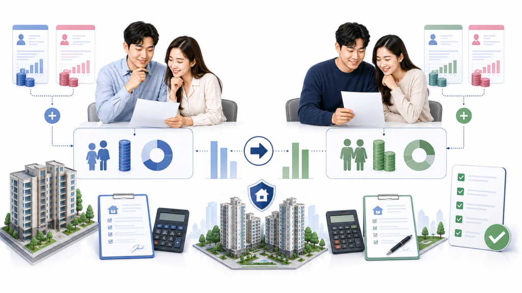 신혼부부 보금자리론 소득기준 완화 사례와 맞벌이 부부 대출 비교 일러스트