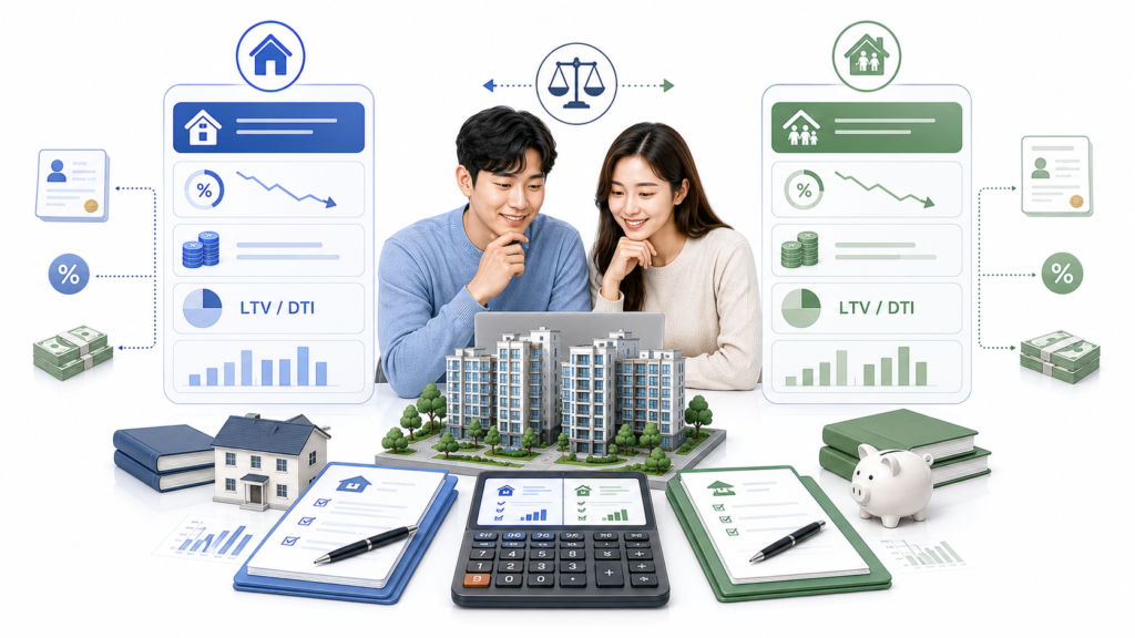 신혼부부 보금자리론과 디딤돌대출을 비교하는 주택구입 금융 일러스트
