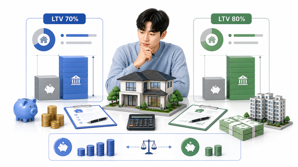 청년미래 보금자리론 LTV 70%와 80% 대출한도 및 자기자금 비교 일러스트