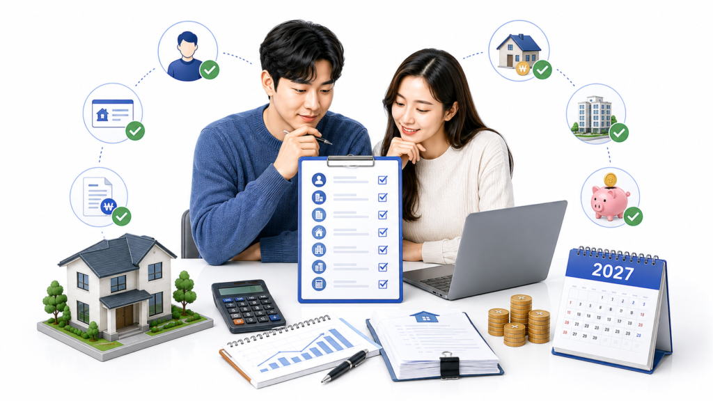 청년미래 보금자리론 출시 전 나이 소득 생애최초 주택구입 조건을 확인하는 금융 일러스트
