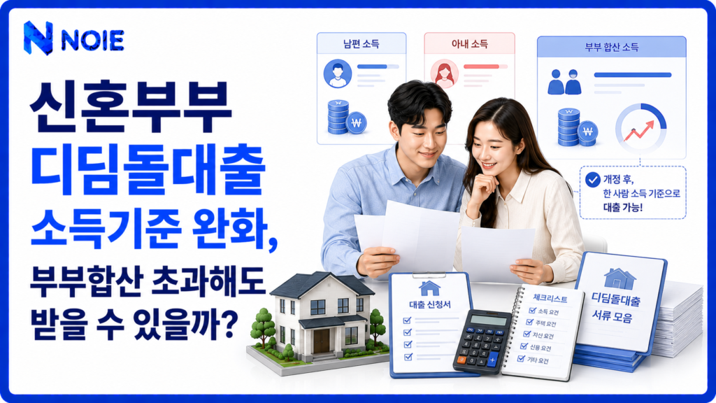 신혼부부 디딤돌대출 소득기준 완화와 부부합산 소득 초과 조건을 보여주는 금융 일러스트