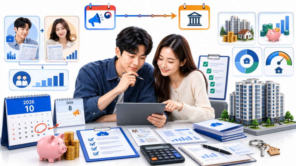 2026년 10월 신혼부부 디딤돌대출 소득기준 완화 시행을 준비하는 금융 일러스트