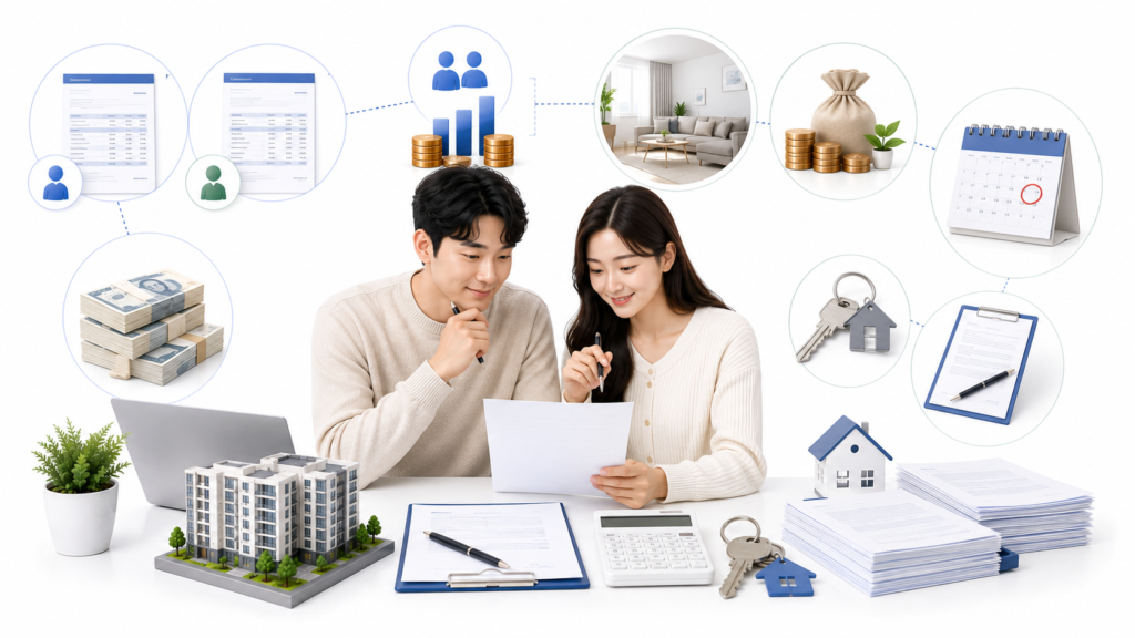 2026년 10월 신혼부부 버팀목대출 소득기준 완화 시행과 전세계약을 준비하는 금융 일러스트