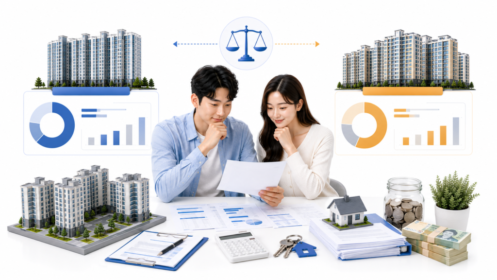 신혼부부 보금자리론 최대한도와 주택가격별 실제 대출금액을 비교하는 금융 일러스트