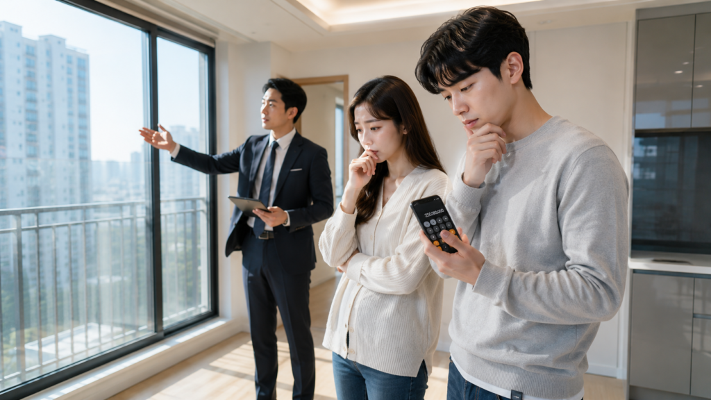 신혼부부가 전세 계약금과 전세 예산을 고민하며 집을 둘러보는 모습