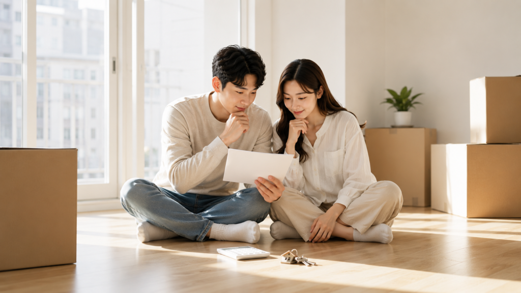 신혼부부 전세 계약금 지급 후 남은 현금과 비상자금을 계획하는 모습
