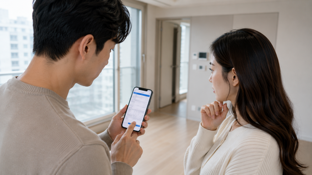신혼부부가 전세 계약 전 등기부등본과 집의 권리관계를 확인하는 모습