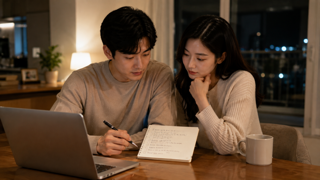 신혼부부가 전세 계약 전날 체크리스트를 마지막으로 확인하는 모습