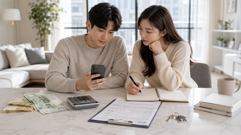 신혼부부가 전세자금대출과 신혼집 예산을 함께 확인하는 모습